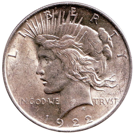 Монета 1 доллар. 1922 год, США. (Без отметки монетного двора). XF-UNC. Доллар мира.