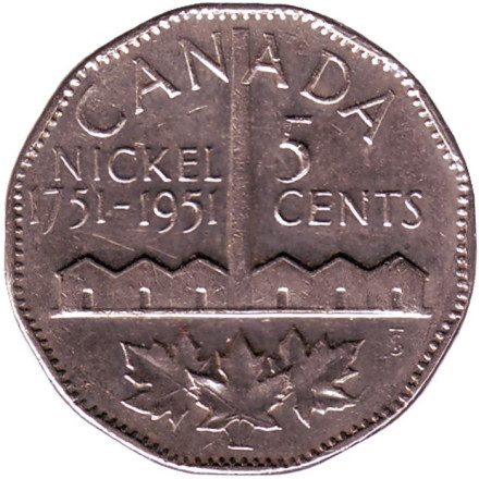 Монета 5 центов. 1951 год, Канада. 200 лет с момента открытия никеля.