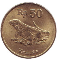 Монета 50 рупий. 1996 год, Индонезия. Варан. Комодо. Монета 50 рупий. 1996 год, Индонезия. Варан. Комодо.