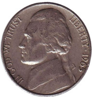 Монета 5 центов. 1965 год, США. Джефферсон. Монтичелло. Монета 5 центов. 1965 год, США. Джефферсон. Монтичелло.