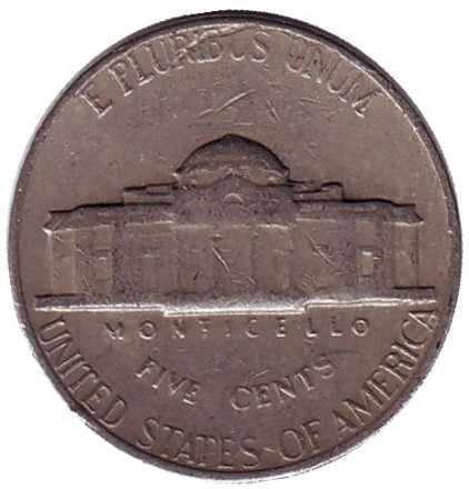 Монета 5 центов. 1965 год, США. Джефферсон. Монтичелло.