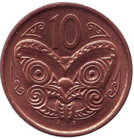 Монета 10 центов. 2009 год, Новая Зеландия. Маска маори. Монета 10 центов. 2009 год, Новая Зеландия. Маска маори.