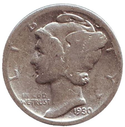Монета 10 центов. 1930 год, США. Монетный двор S. Меркурий.