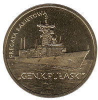 Ракетный фрегат «Генерал К. Пуласки». Монета 2 злотых, 2013 год, Польша.