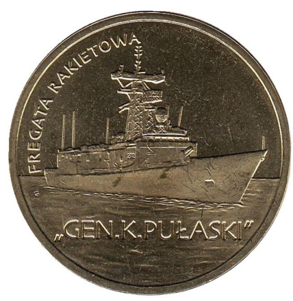 Монета 2 злотых, 2013 год, Польша. Ракетный фрегат «Генерал К. Пуласки».