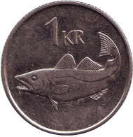 Монета 1 крона. 1989 год, Исландия. Треска. Монета 1 крона. 1989 год, Исландия. Треска.