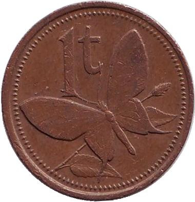 Монета 1 тойа. 1990 год, Папуа-Новая Гвинея. Бабочка.