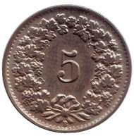 Монета 5 раппенов. 1949 год, Швейцария. Монета 5 раппенов. 1949 год, Швейцария.
