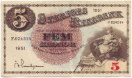 Банкнота 5 крон. 1951 год, Швеция. Банкнота 5 крон. 1951 год, Швеция.