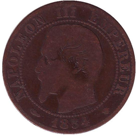 Монета 5 сантимов. 1854 год (MA), Франция. Наполеон III.
