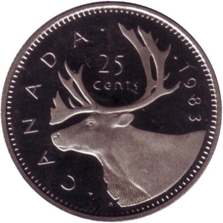 Монета 25 центов. 1983 год, Канада. (Proof). Канадский олень (Карибу).