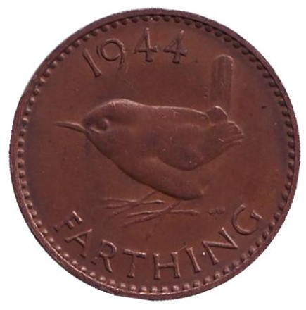 Монета 1 фартинг. 1944 год, Великобритания. Крапивник. (Птица).