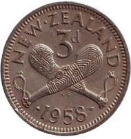 Монета 3 пенса. 1958 год, Новая Зеландия. Скрещенные вахаики. Монета 3 пенса. 1958 год, Новая Зеландия. Скрещенные вахаики.