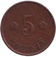 Монета 5 пенни. 1920 год, Финляндия. Монета 5 пенни. 1920 год, Финляндия.