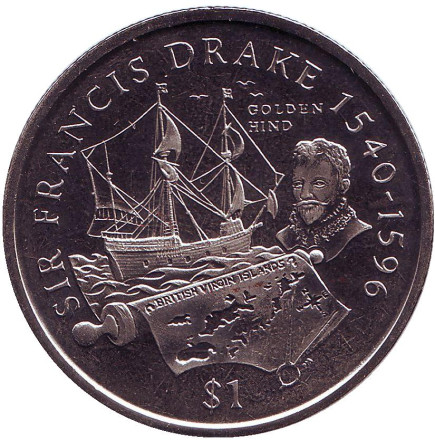 Монета 1 крона, 2004 год, Британские Виргинские острова. Сэр Фрэнсис Дрейк (1540-1596).