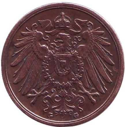 Монета 2 пфеннига. 1913 год (G), Германская империя. Монета 2 пфеннига. 1913 год (G), Германская империя.