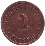 Монета 2 пфеннига. 1913 год (G), Германская империя. Монета 2 пфеннига. 1913 год (G), Германская империя.