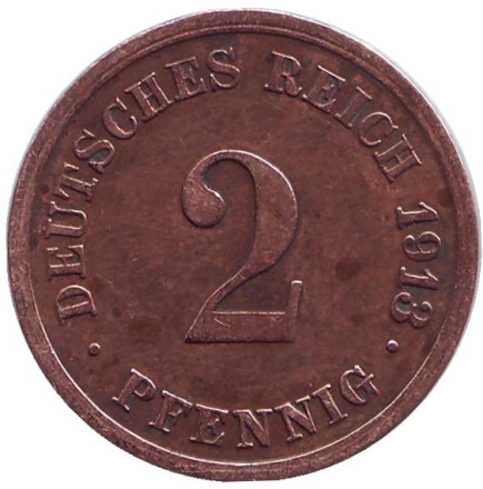 Монета 2 пфеннига. 1913 год (G), Германская империя.