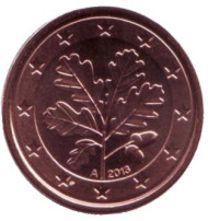 Монета 1 цент. 2013 год (А), Германия. Монета 1 цент. 2013 год (А), Германия.