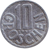 Монета 10 грошей. 1957 год, Австрия. Монета 10 грошей. 1957 год, Австрия.