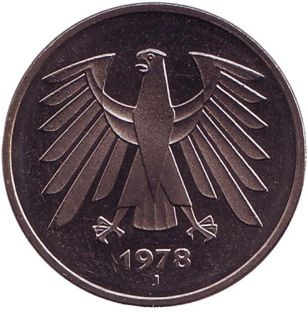 Монета 5 марок. 1978 год (J), ФРГ. Монета 5 марок. 1978 год (J), ФРГ.