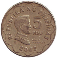 Монета 5 песо. 2002 год, Филиппины. Эмилио Агинальдо. Монета 5 песо. 2002 год, Филиппины. Эмилио Агинальдо.