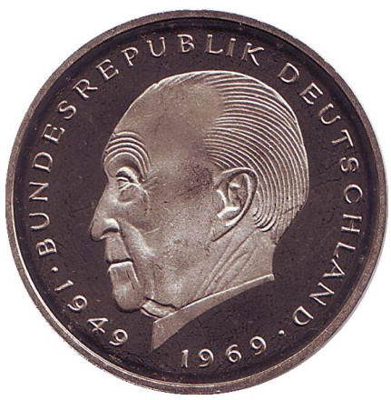 Монета 2 марки. 1983 год (J), ФРГ. UNC. Конрад Аденауэр.