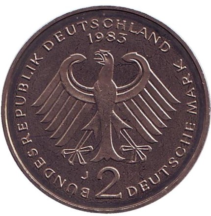 Монета 2 марки. 1983 год (J), ФРГ. Конрад Аденауэр.