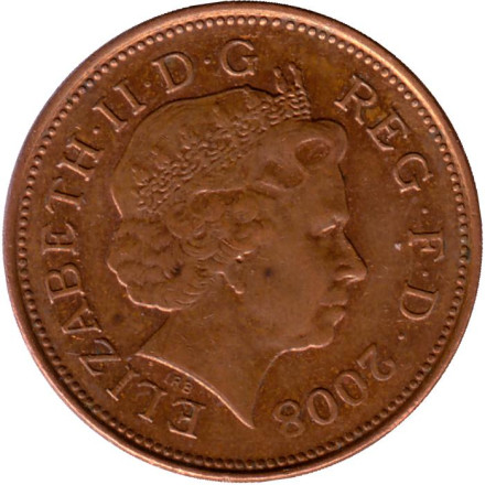 Монета 2 пенса. 2008 год, Великобритания. Старый тип.