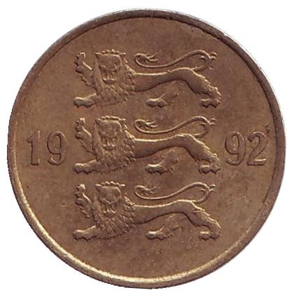 Монета 20 сентов. 1992 год, Эстония.