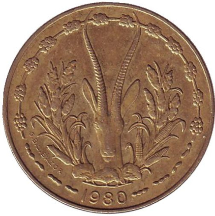 Монета 10 франков. 1980 год, Западные Африканские Штаты. Газель.
