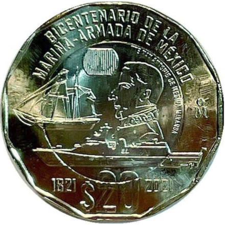 Монета 20 песо. 2021 год, Мексика. 200 лет Военно-морским силам Мексики.