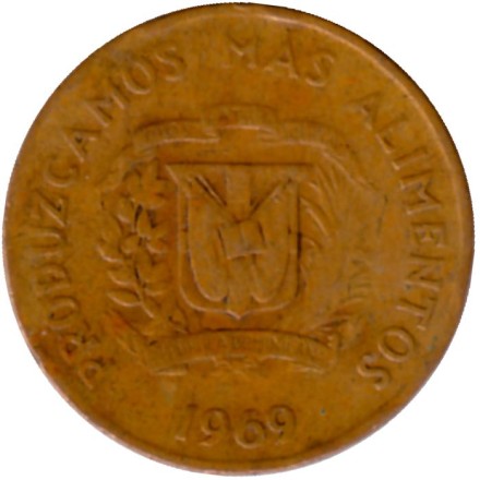 Монета 1 сентаво. 1969 год, Доминиканская республика. ФАО.