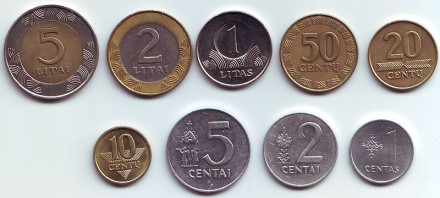 Набор монет Литвы (9 шт). 1991-2009 гг., Литва.