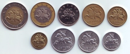 Набор монет Литвы (9 шт). 1991-2009 гг., Литва.