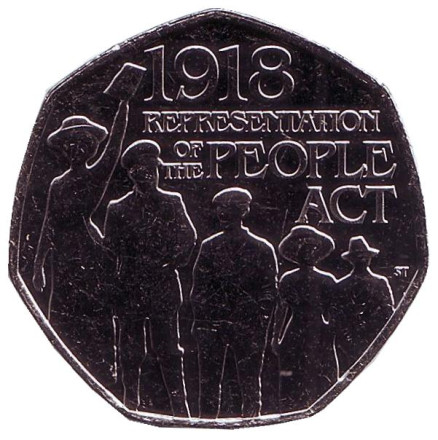 Монета 50 пенсов. 2018 год, Великобритания. 100 лет представлению Закона о народе.