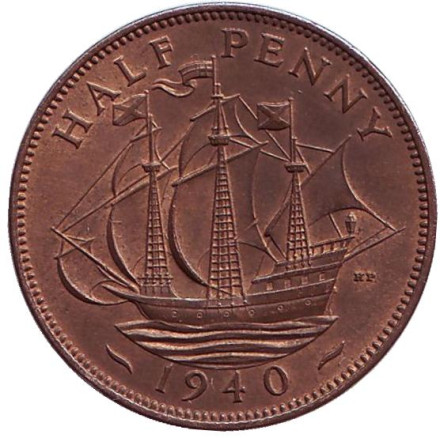 Монета 1/2 пенни. 1940 год, Великобритания. "Золотая лань".