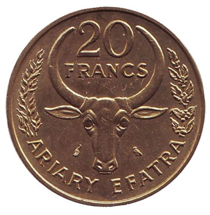 Монета 20 франков. 1970 год, Мадагаскар. UNC. Буйвол. Хлопок.