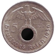 Монета 5 рейхсмарок. 1936 год, Германия (Третий Рейх). (А). Новый тип. Монета 5 рейхсмарок. 1936 год, Германия (Третий Рейх). (А). Новый тип.
