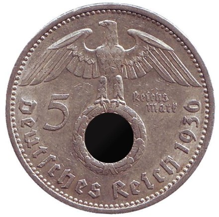 Монета 5 рейхсмарок. 1936 год, Германия (Третий Рейх). (А). Новый тип. Монета 5 рейхсмарок. 1936 год, Германия (Третий Рейх). (А). Новый тип.