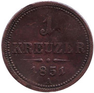 Монета 1 крейцер. 1851 год (A), Австрийская империя. Монета 1 крейцер. 1851 год (A), Австрийская империя.