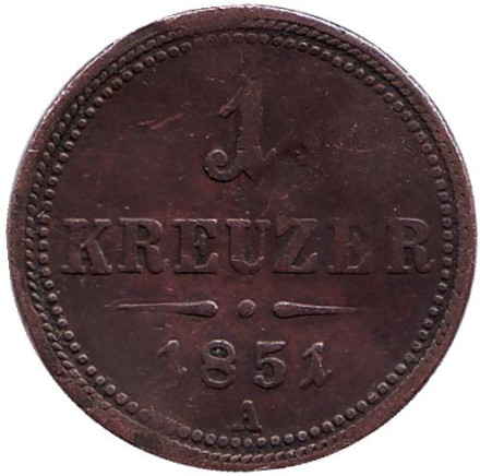 Монета 1 крейцер. 1851 год (A), Австрийская империя.