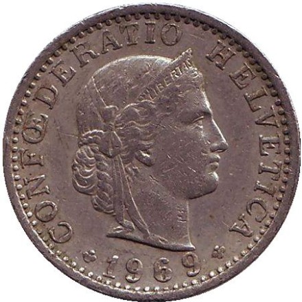 Монета 20 раппенов. 1969 год, Швейцария. Монета 20 раппенов. 1969 год, Швейцария.