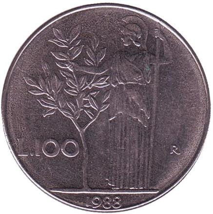 Монета 100 лир. 1988 год, Италия. Богиня мудрости Минерва рядом с оливковым деревом.