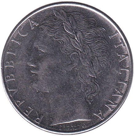 Монета 100 лир. 1988 год, Италия. Богиня мудрости Минерва рядом с оливковым деревом.