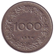 Монета 1000 крон. 1924 год, Австрия. Женщина из Тироля. Монета 1000 крон. 1924 год, Австрия. Женщина из Тироля.