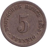 Монета 5 пфеннигов. 1899 год (D), Германская империя. Монета 5 пфеннигов. 1899 год (D), Германская империя.