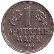 Монета 1 марка. 1969 год (F), ФРГ. Монета 1 марка. 1969 год (F), ФРГ.
