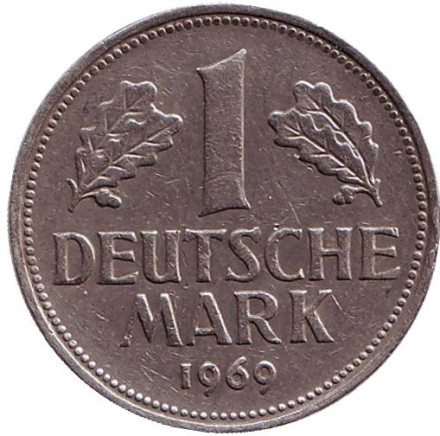 Монета 1 марка. 1969 год (F), ФРГ.