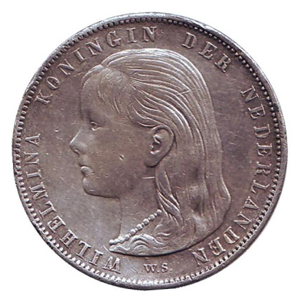 Монета 1 гульден. 1897 год, Нидерланды. Королева Вильгельмина. Монета 1 гульден. 1897 год, Нидерланды. Королева Вильгельмина.